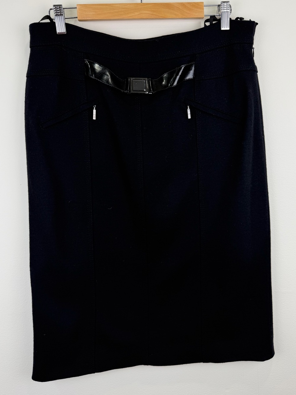 Basler Black Virgin Wool Pencil Skirt Patent Belt Y2K Moto US 12